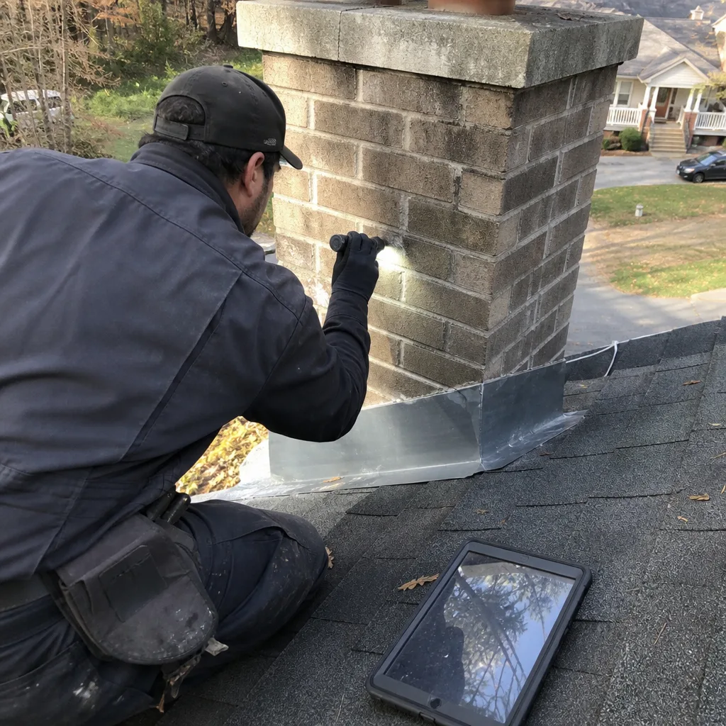 Chimney sweep professional performing a detailed brick chimney inspection on a roof.