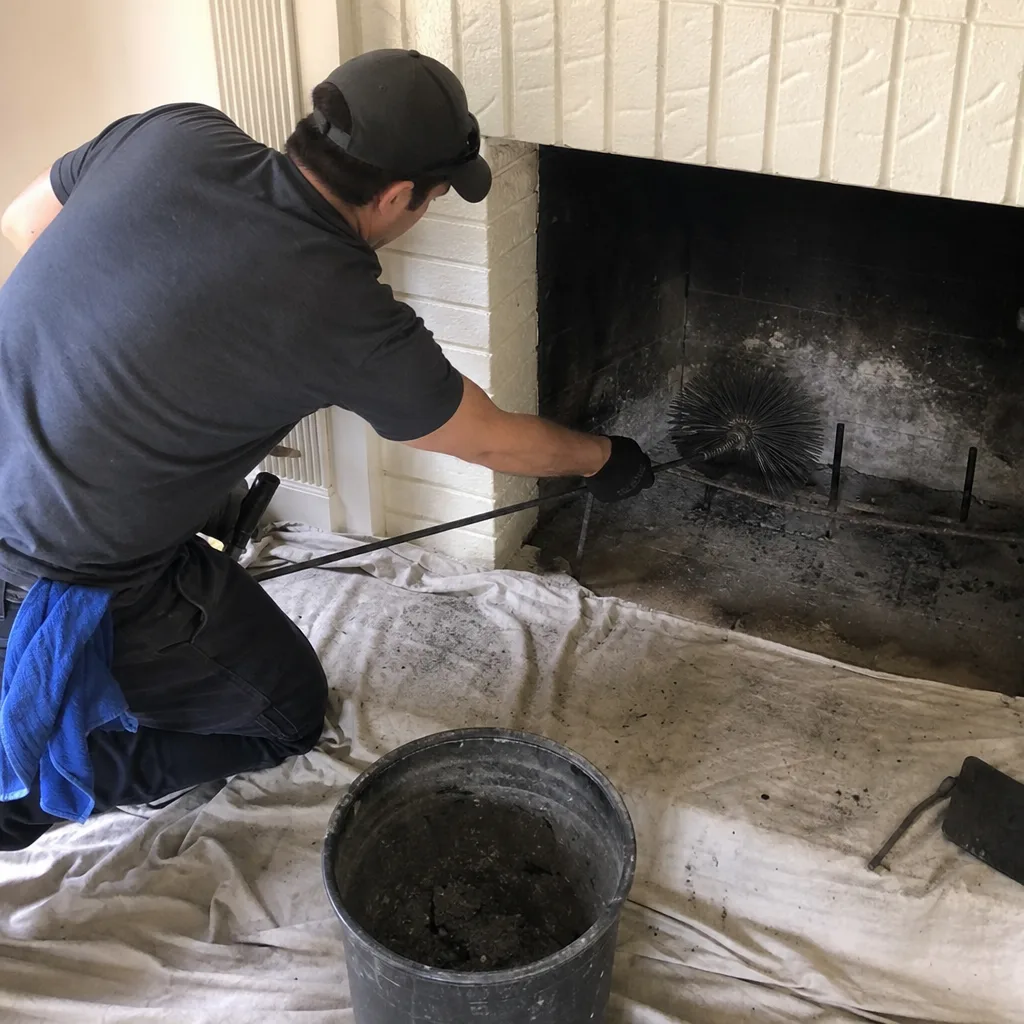 Professional chimney sweep cleaning soot from a fireplace with a brush