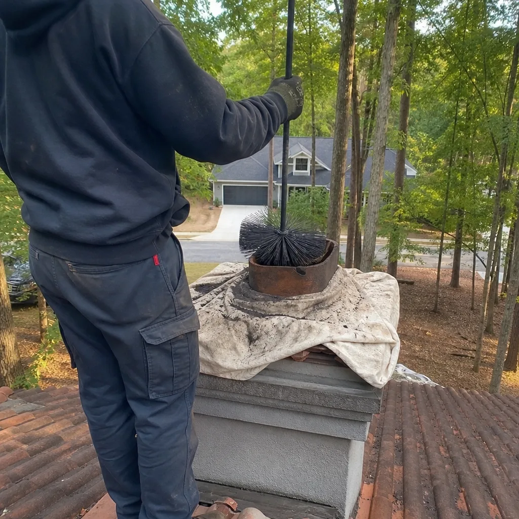 Professional chimney sweep cleaning a chimney flue from a roof