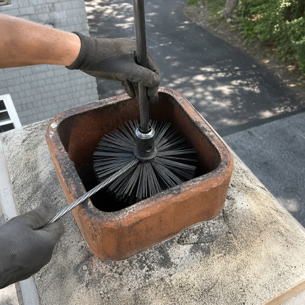 Professional chimney sweep cleaning a brick chimney flue with a brush