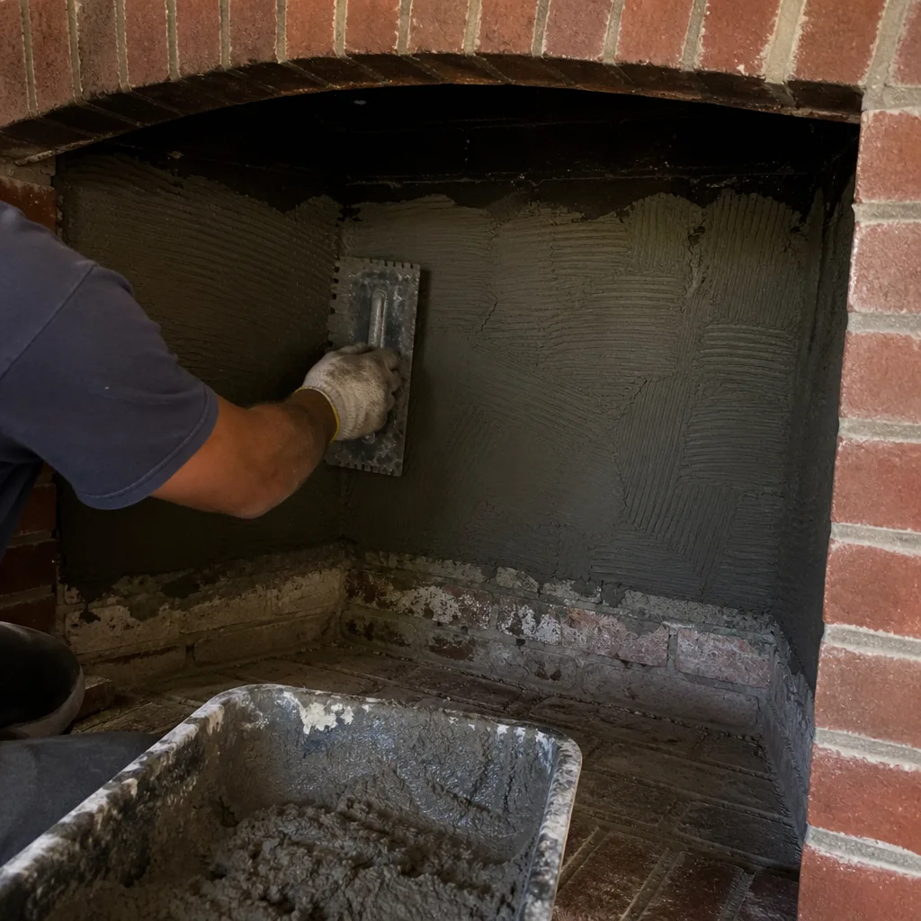 Worker applying mortar with a notched trowel to a brick fireplace